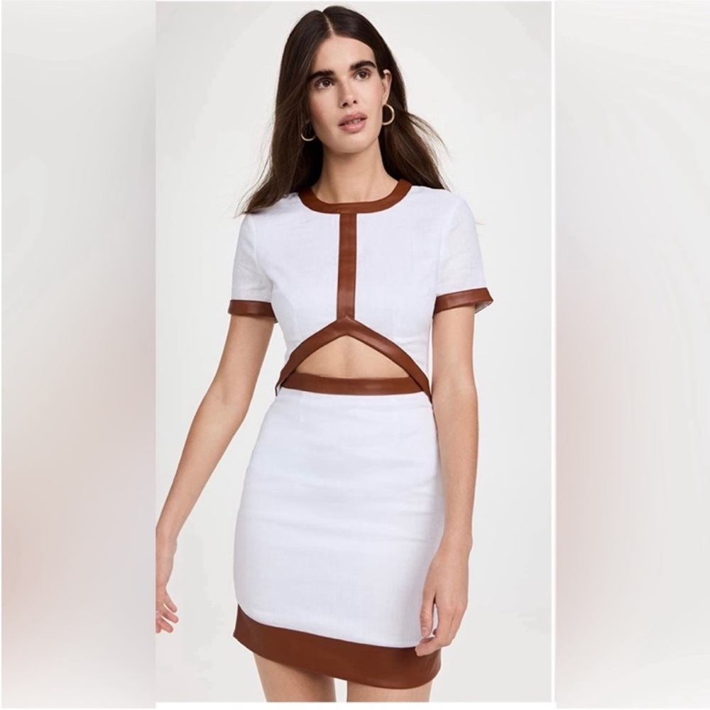 STAUD White Mini Dress with Brown Trim